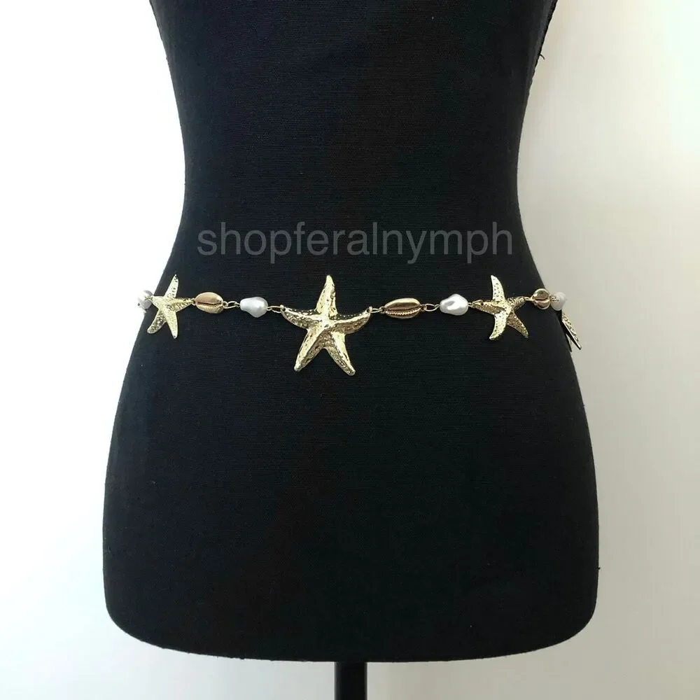 Y2K Mermaidcore Gold Starfish Shell Chain Belt, Fits 24–38 Inches, X7GA1157